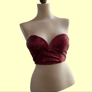 TOBI Sequins Corset Bustier Crop Top in red burgundy color.